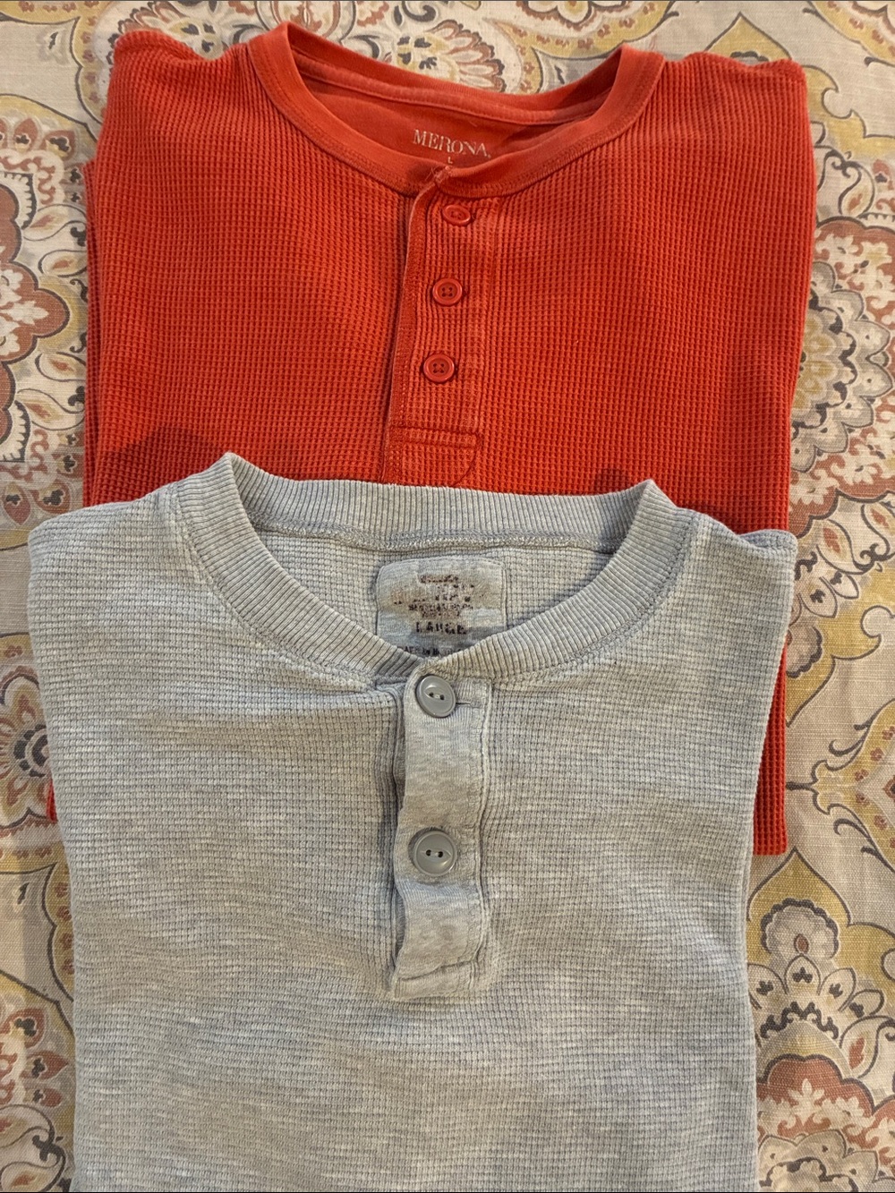 Mens Rust and Light Gray Waffle Henley Button-Front Tops